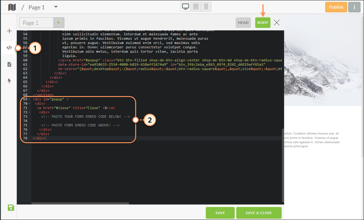 Add popup form code to body
