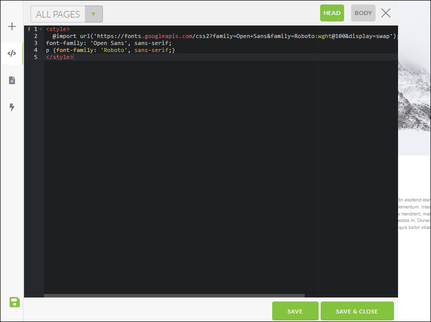 Inserted Google Font example code