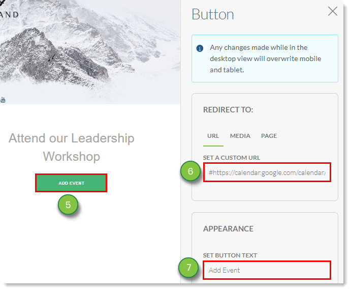 Enter Google Event URL and Button Text into Button Settings