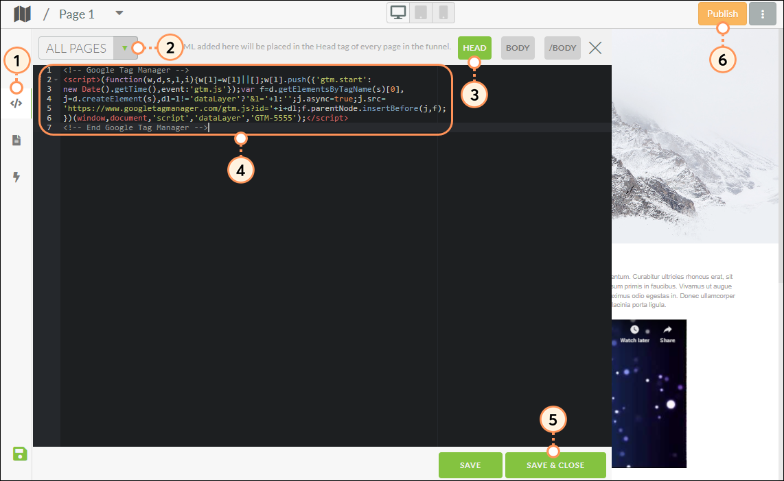 Add Google Tag Manager code to Landing page code