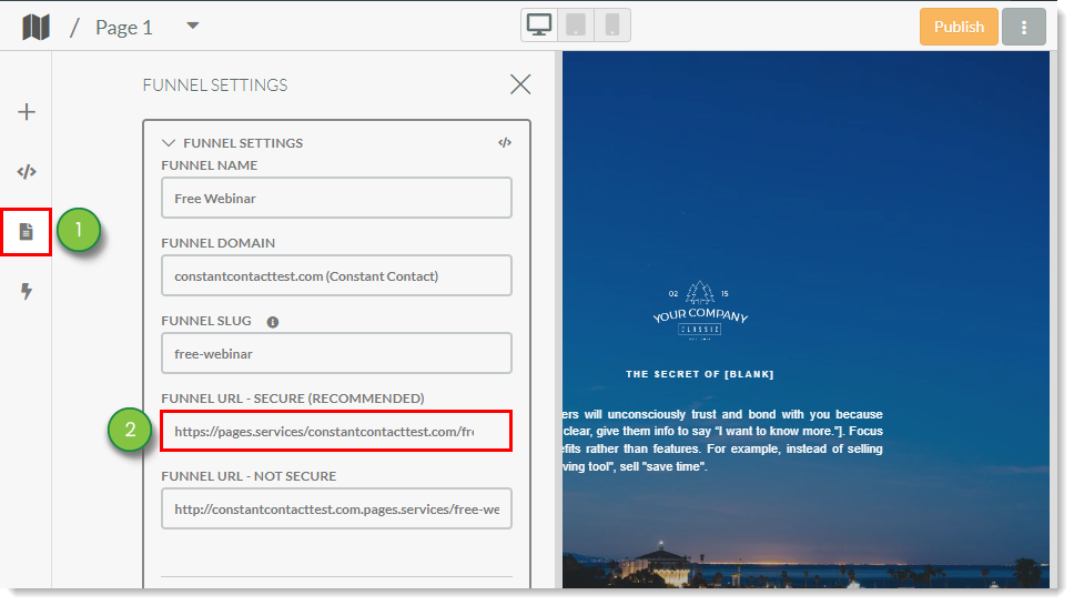 Page Settings Secure Funnel URL