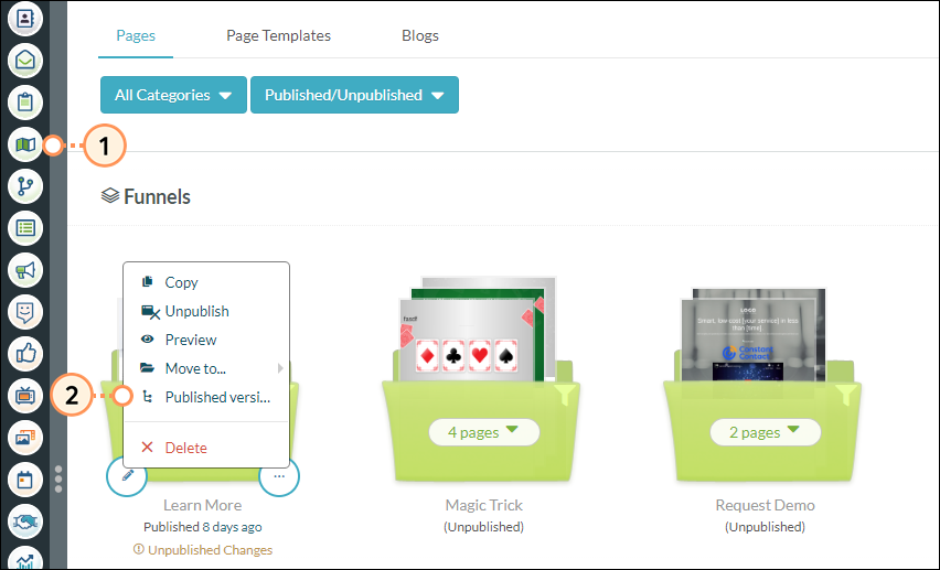 View published versions of a landing page