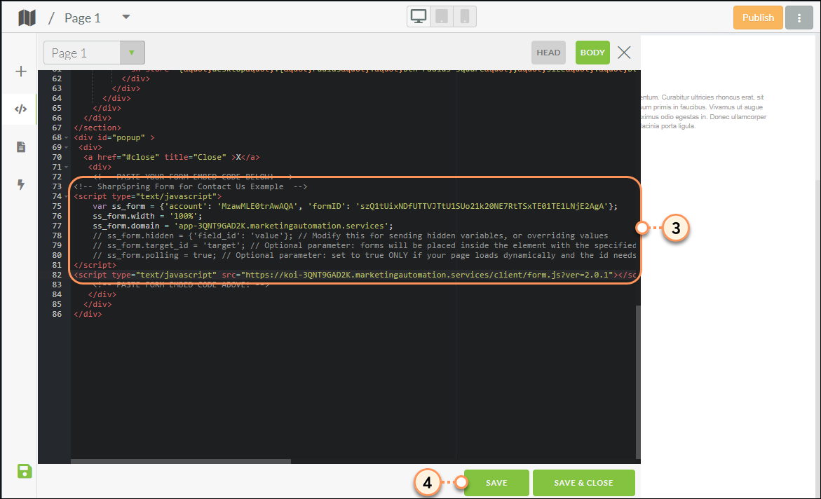 Add form embed code and save