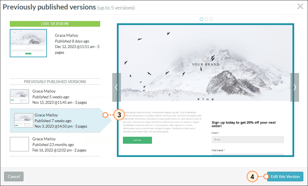 Select Landing Page Version to Edit