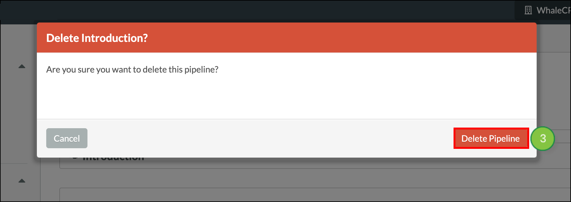 Clikc Delete Pipeline in the modal popup window