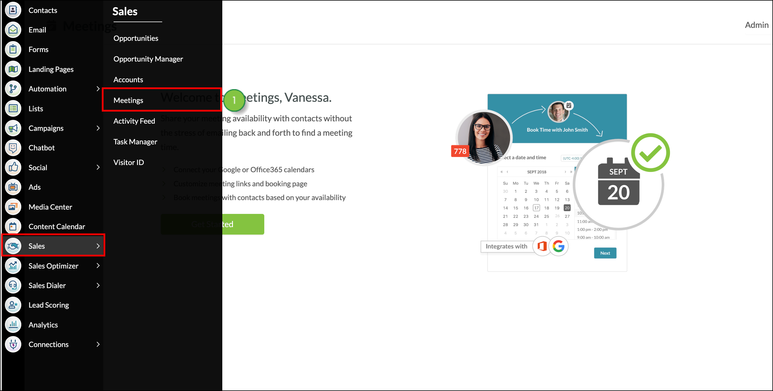 Click Meetings in the left side menu