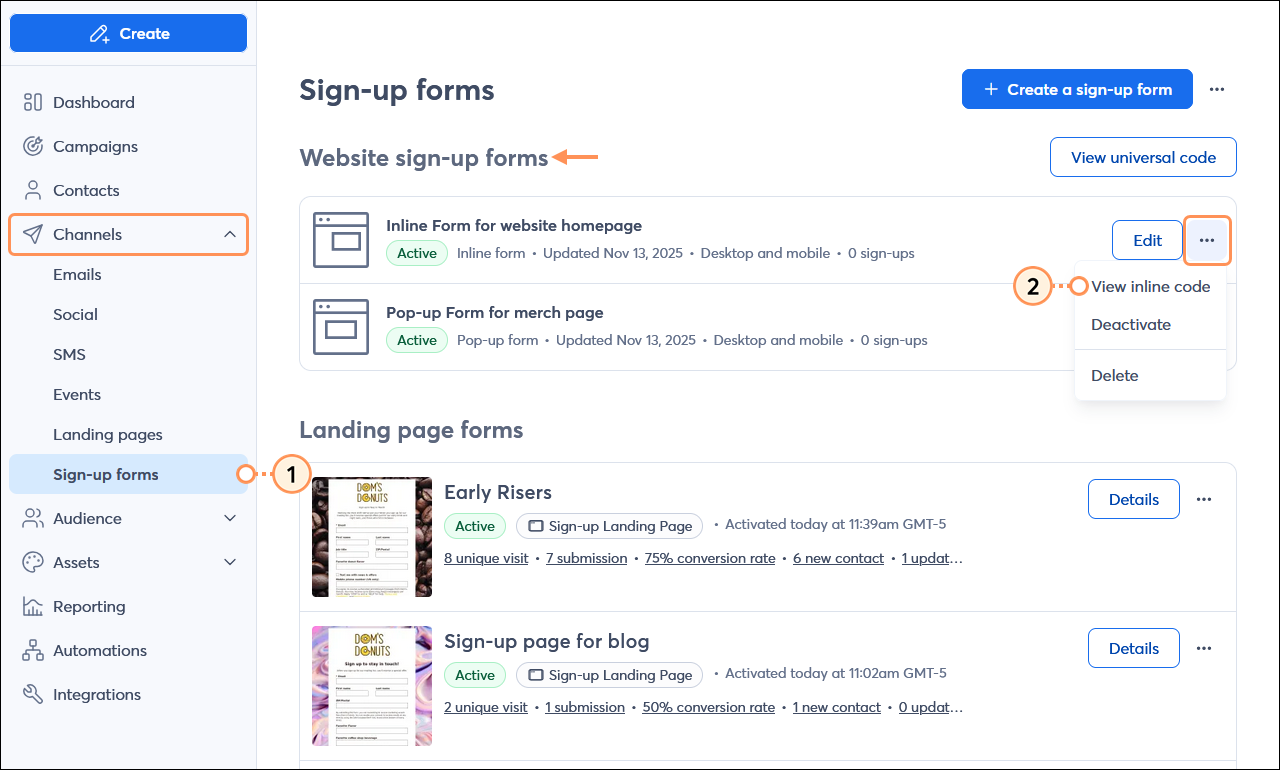 Channels menu expanded and Sign-up forms option selected, Sign-up forms page with active Inline Sign-up Form menu expanded, and View inline code option selected