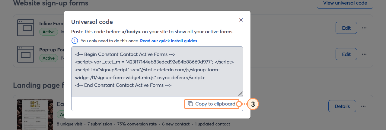 Universal code overlay with code field and Copy to clipboard button