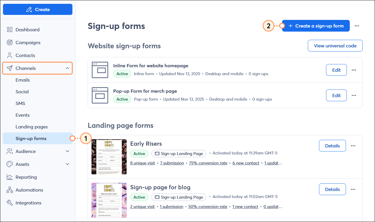 Channels menu expanded and Sign-up forms option selected, Sign up forms page and + Create a sign-up form button