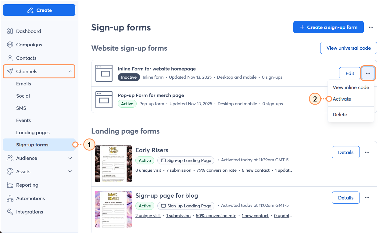 Channels menu expanded with Sign-up forms option selected, Sign-up forms page with inactive website sign-up form with menu expanded and Activate option selected
