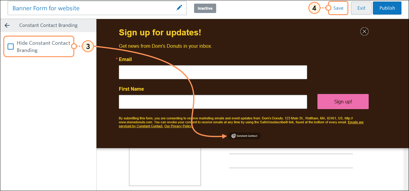 Constant Contact Branding menu, Hide Constant Contact Branding option and Save link