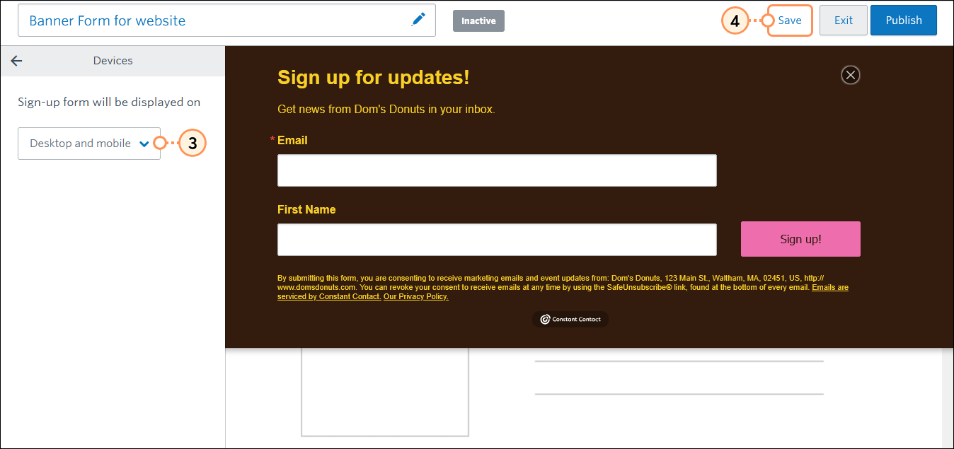 Banner Sign-up Form Devices menu and Devices drop-down menu with Desktop and mobile option selected