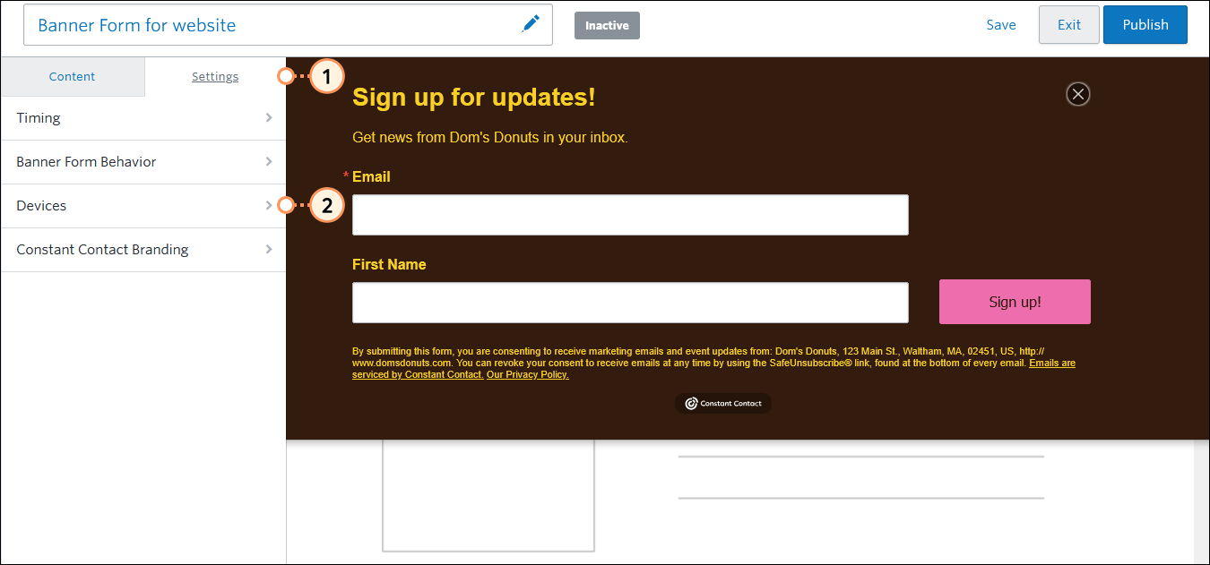 Banner Sign-up Form Editor Settings tab, and Devices option