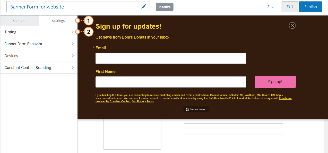 Banner Sign-up Form Settings menu and Timing option