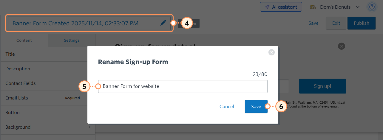 Website sign-up form editor with form Name field, Rename Sign-up Form overlay with Form Name field and Save button
