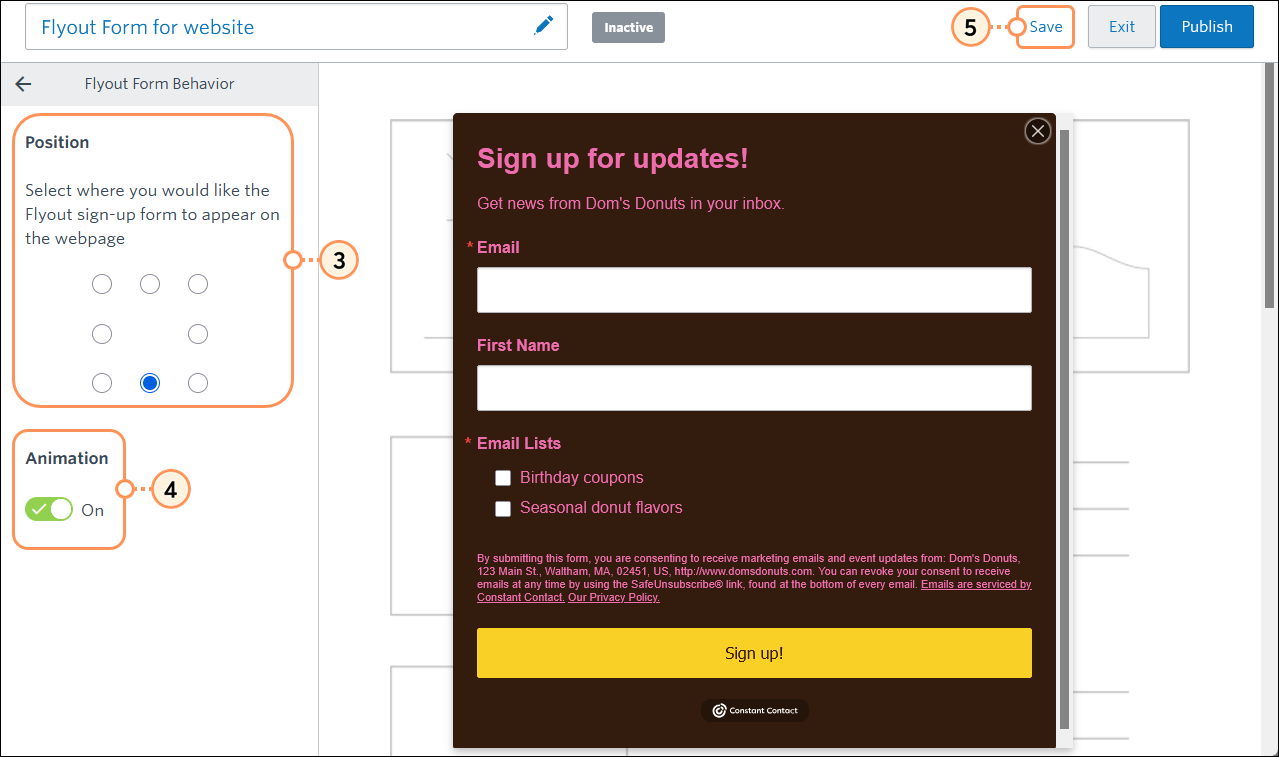 Flyout Sign-Up Form Flyout Form Behavior menu with Position selected, and Animation option on, and Save button