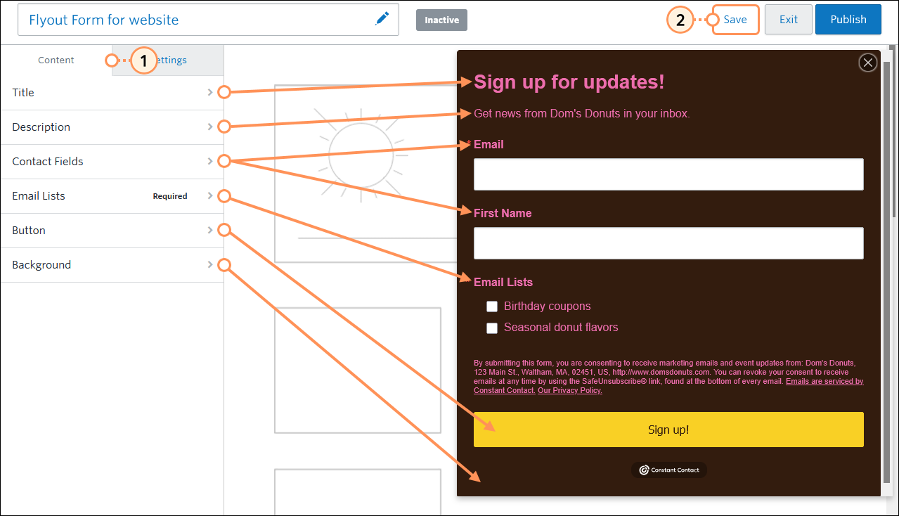 Flyout Sign-up Form Content menu with Title, Description, Contact Fields, Email Lists, Button, and Background options in WYSIWYG editor