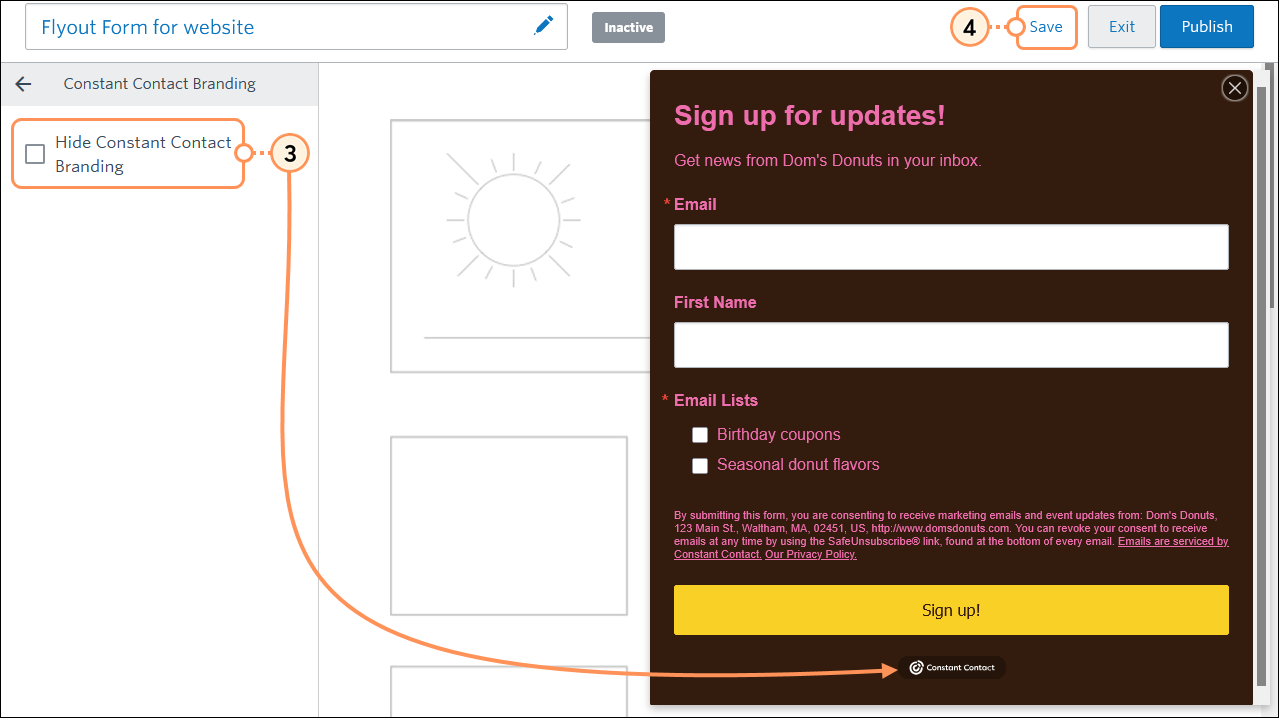 Constant Contact Branding menu, Hide Constant Contact Branding option and Save link
