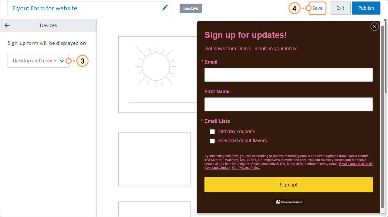 Flyout Sign-up Form Devices menu with Desktop and mobile option selected from the drop-down menu