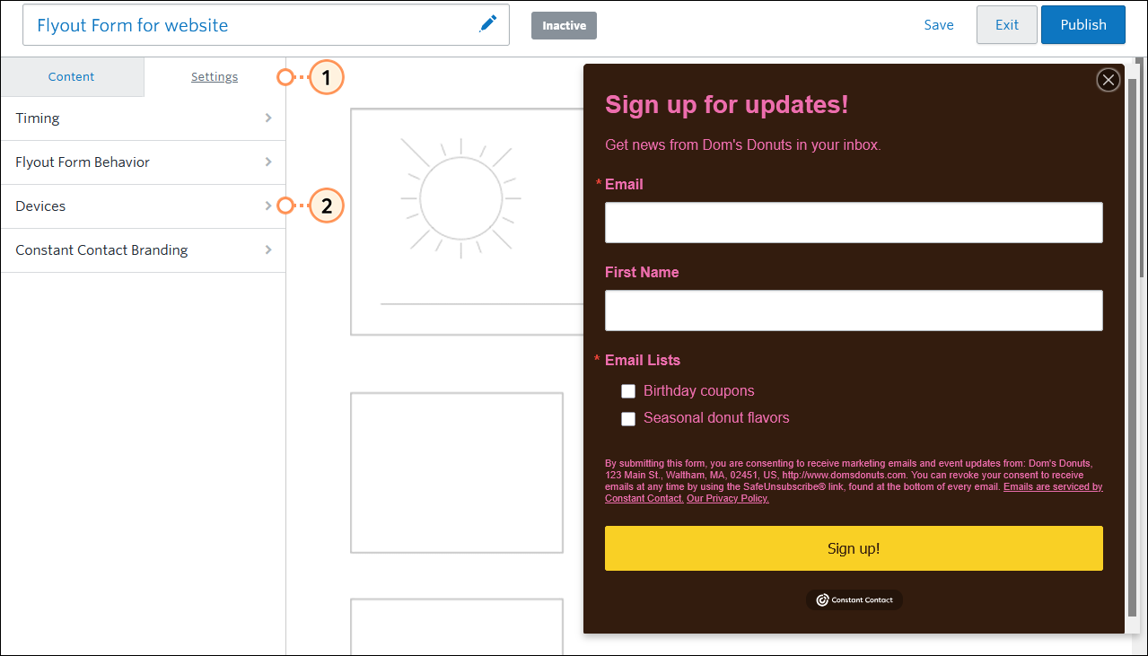 Flyout Sign-up Form Settings menu and Devices option