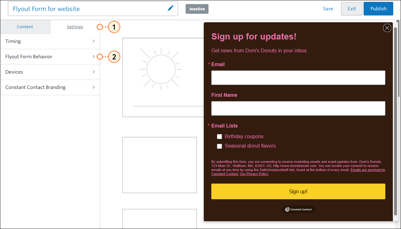 Flyout Sign-up Form Settings menu and Flyout Form Behavior option