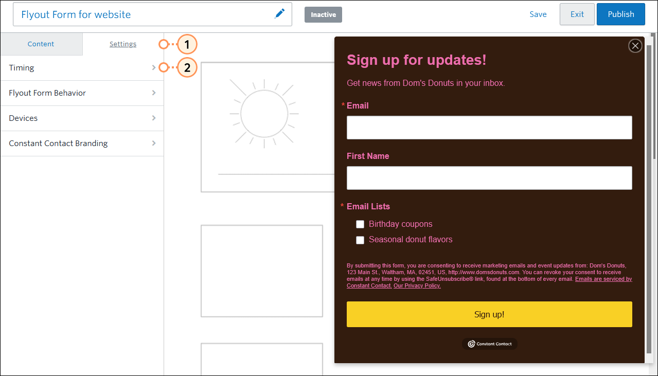 Flyout Sign-Up Form Settings menu and Timing Option