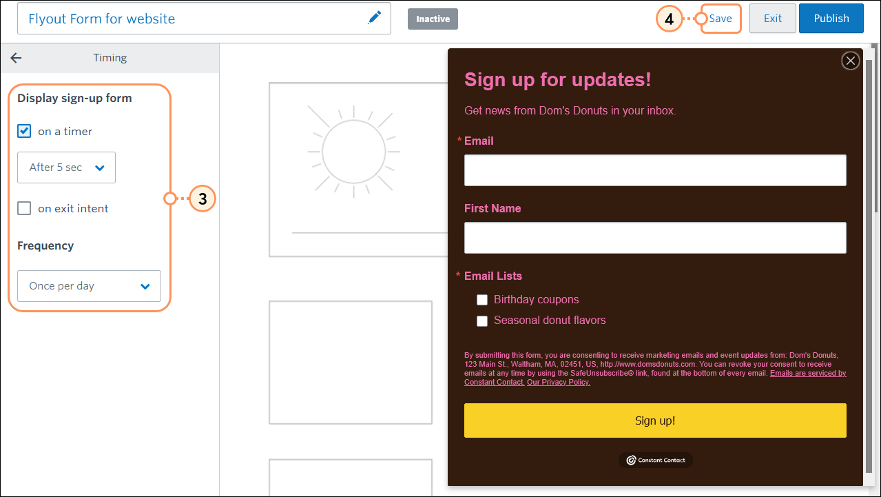 Flyout Sign-up Form Timing menu, Display sign-up form options with "on a timer" option selected, "on exit intent" option deselected, and Frequency options with "Once per day" option selected