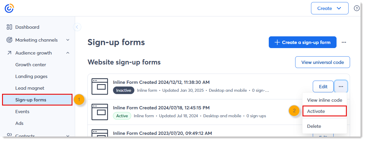 Sign-up Forms tab with inactive sign-up forms, sign-up form options menu expanded and Activate option