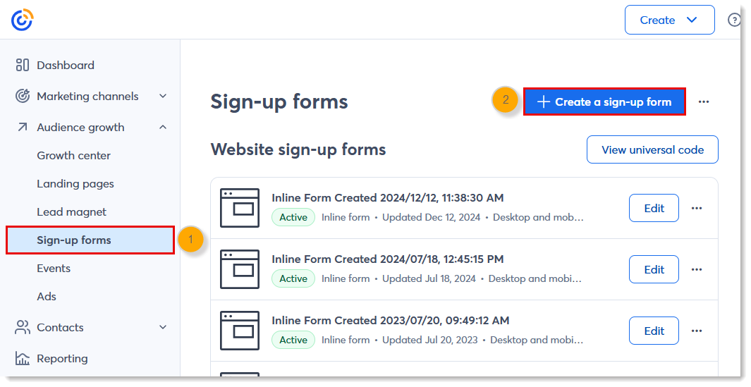 Pestaña Sign-Up Forms (Formularios de suscripción) seleccionada, página Sign-Up Forms sin formularios de suscripción creados y botón Create Sign-Up Form (Crear formulario de suscripción)