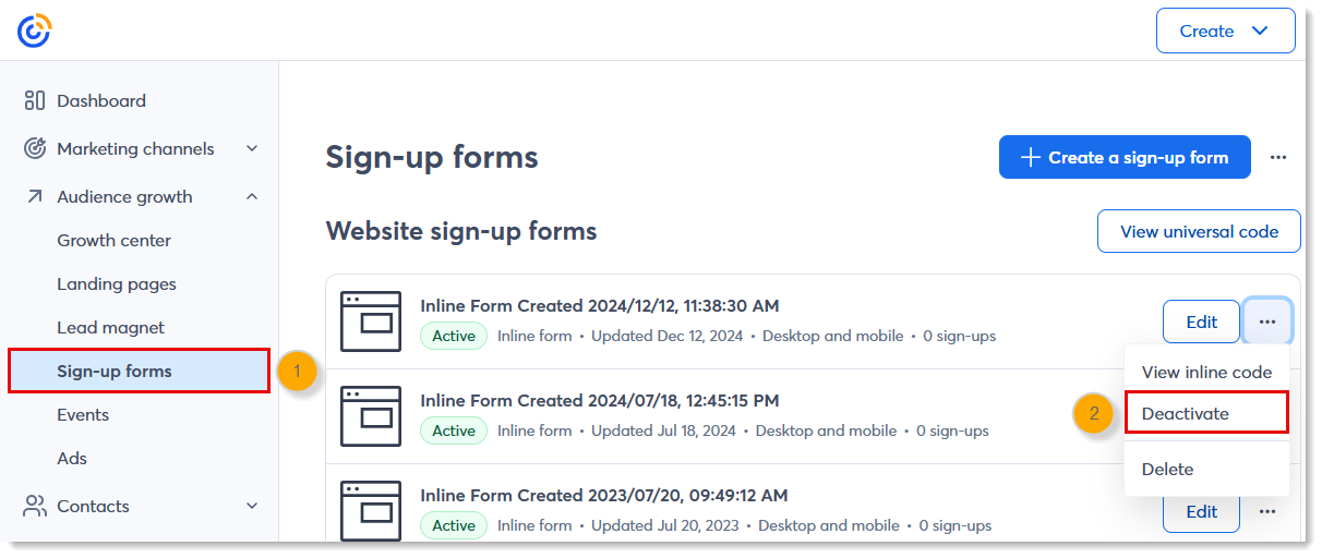Sign-up Forms tab with active sign-up forms, sign-up form options menu and Deactivate option