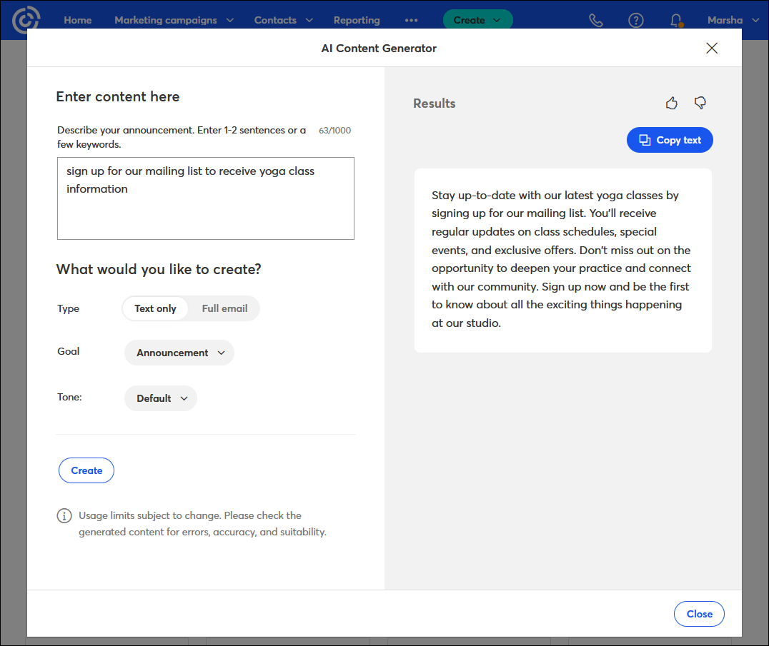 AI Content Generator with Text only option and sign-up form content