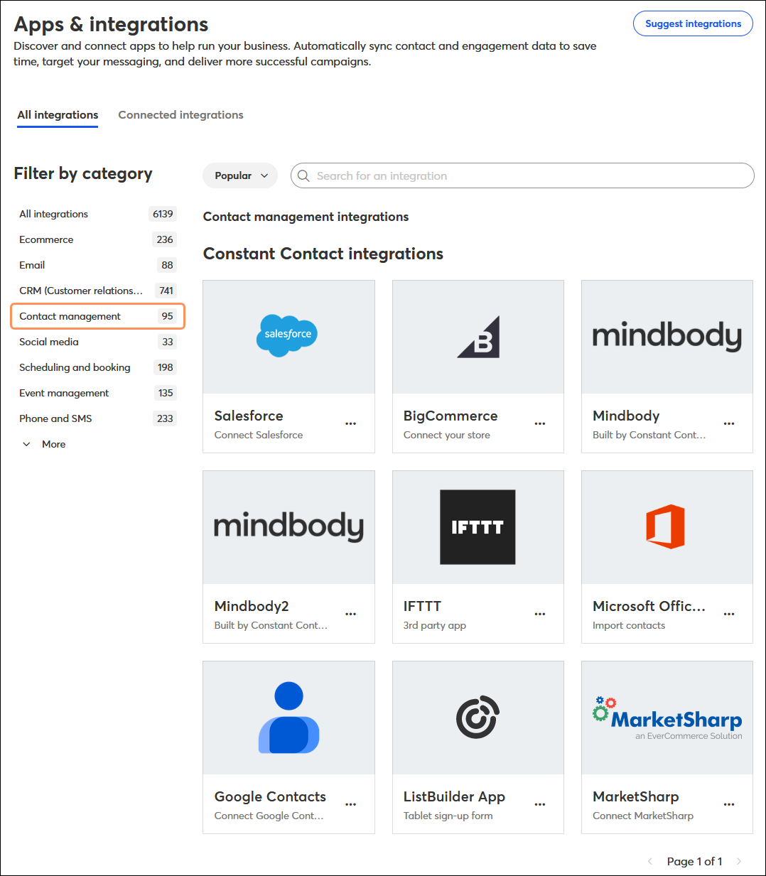 Apps and integrations dashboard with All integrations tab selected, and Contact management option selected