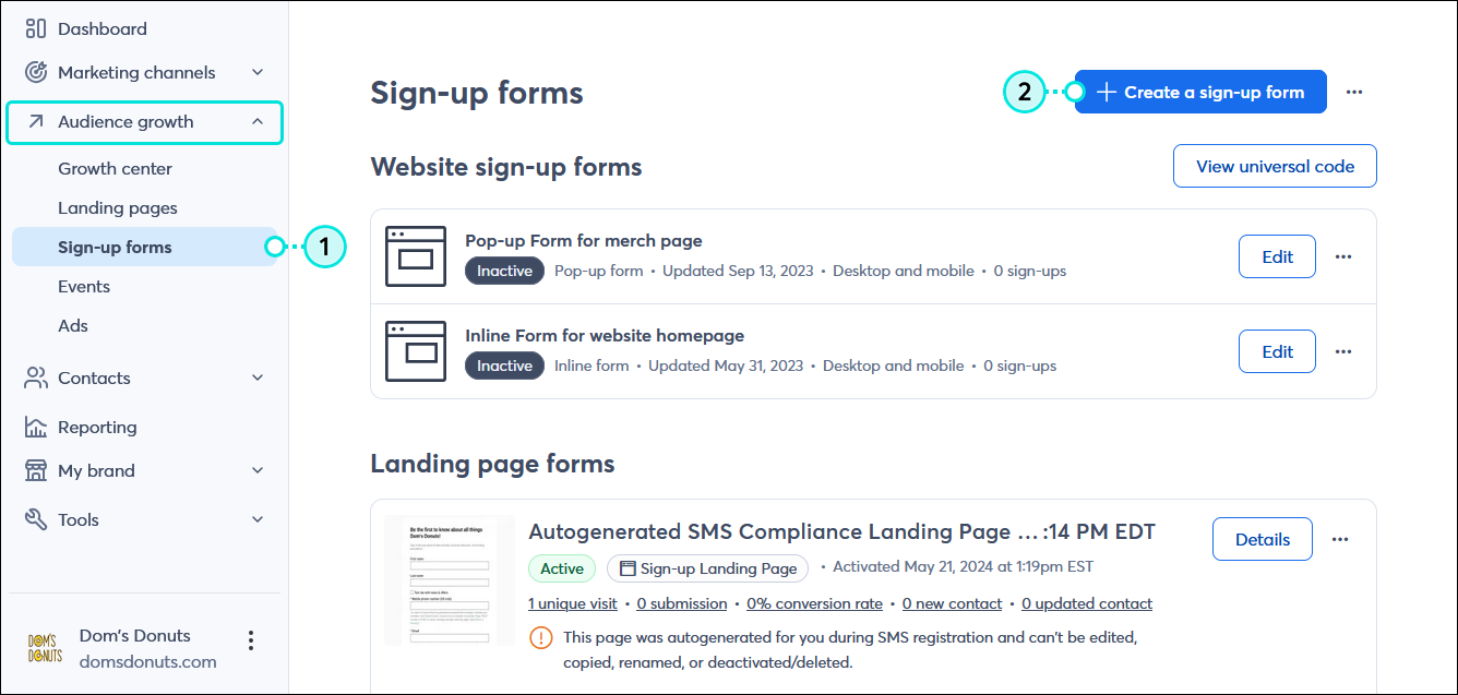Audience growth menu expanded with Sign-up forms option selected, Sign-up forms dashboard with Create a sign-up form button
