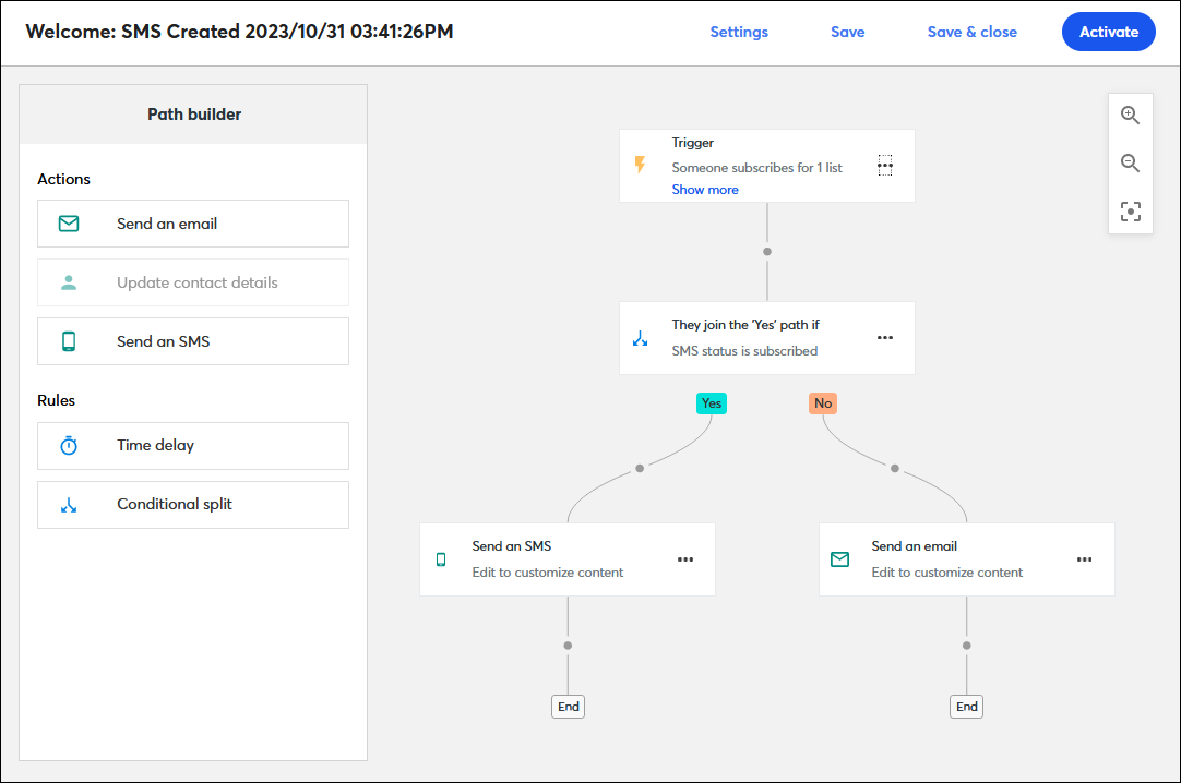 Example Welcome Path in the Automation Path Builder