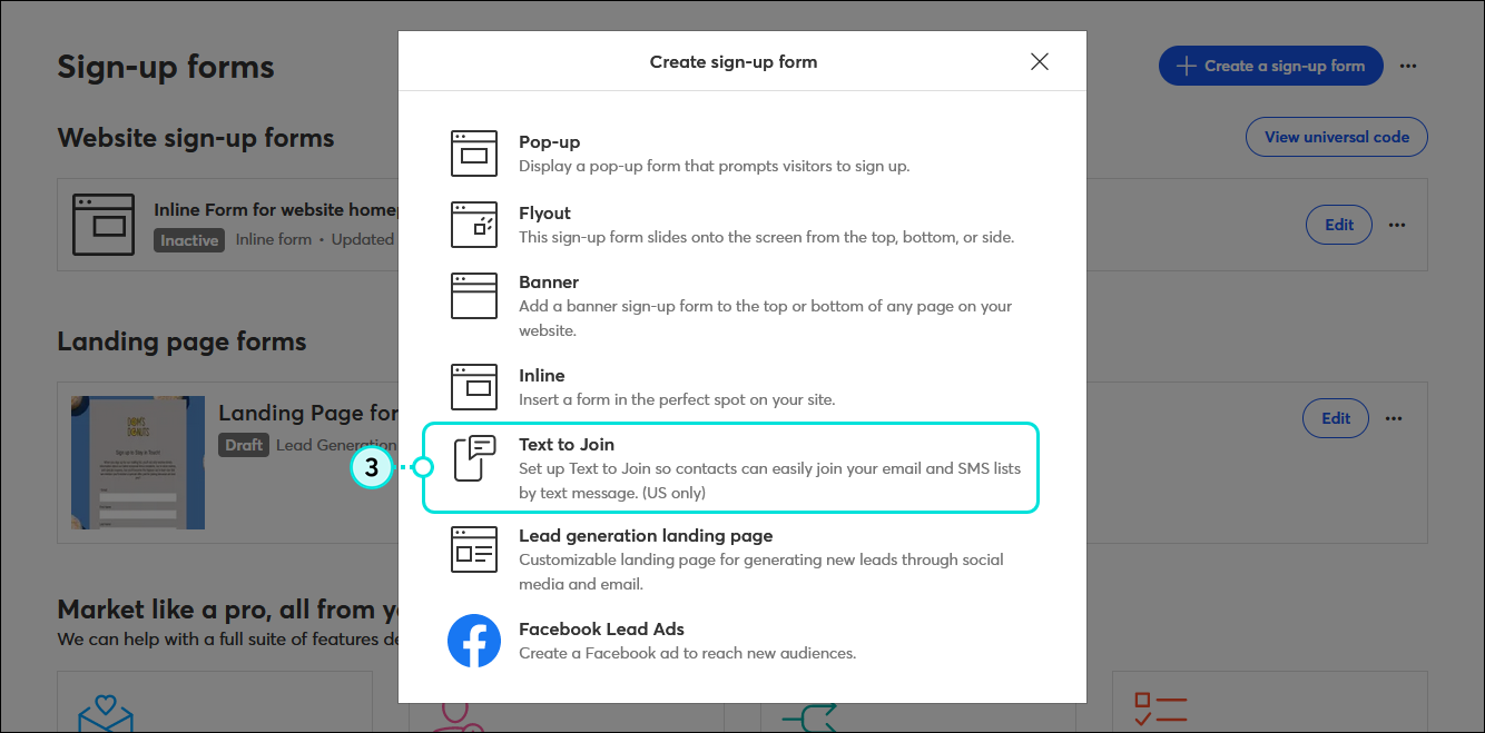 Overlay "Create sign-up form" (Anmeldeformular erstellen) mit ausgewählter Option "Text to Join"