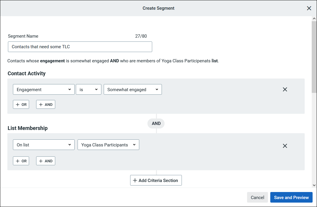 Example of the segment builder with engagement criteria