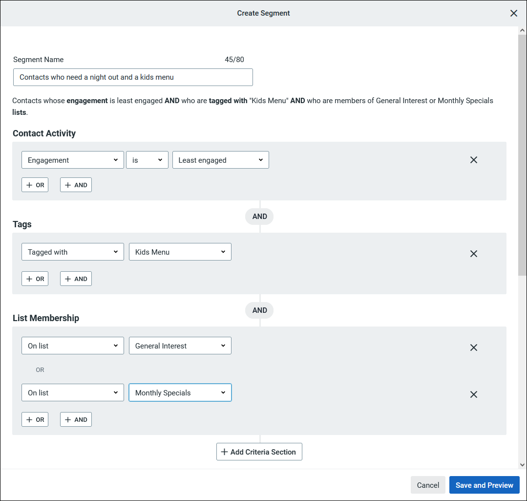 Example Segment Builder with lists and tags criteria