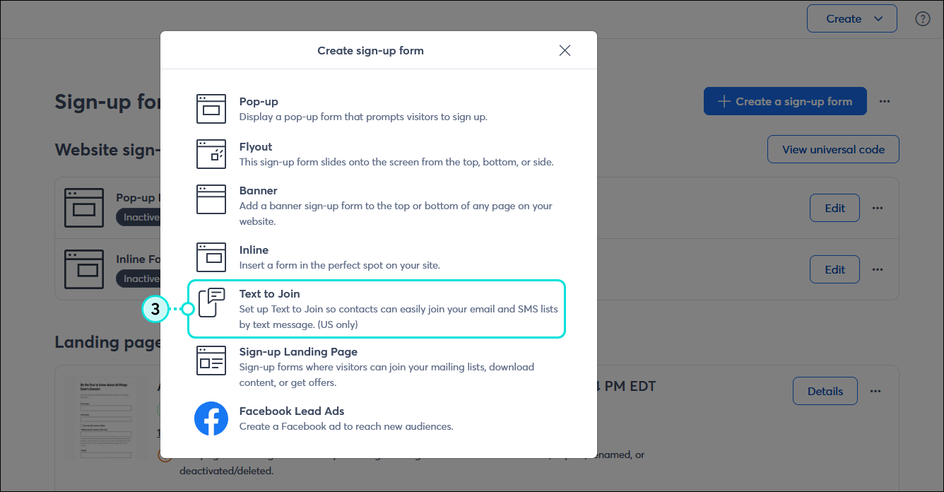 Create sign-up form overlay with Text to Join option selected