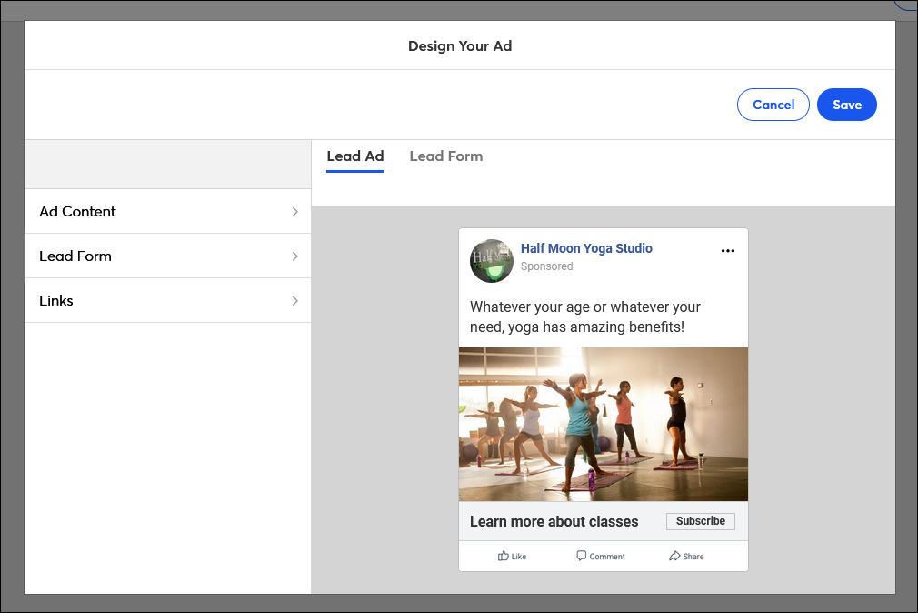 Editor de anuncios de suscripción en Facebook