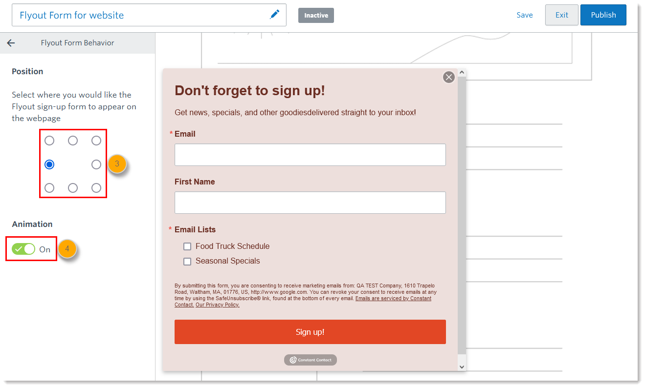 Menú Flyout Sign-Up Form Flyout Form Behavior (Comportamiento del formulario de suscripción desplegable) con Position (Posición) seleccionada y opción Animation (Animación) activada