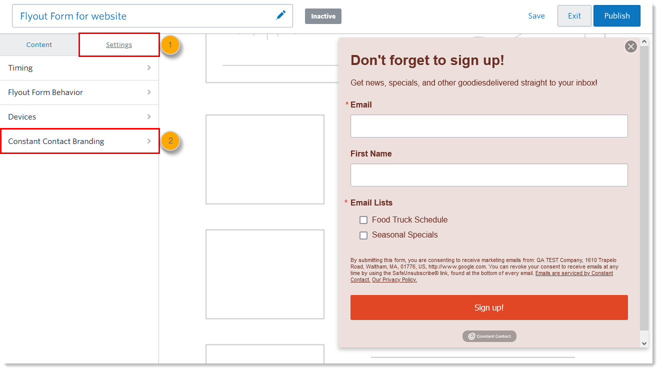 Pestaña Settings (Configuración) del formulario de suscripción en desplegable y opción de la marca Constant Contact