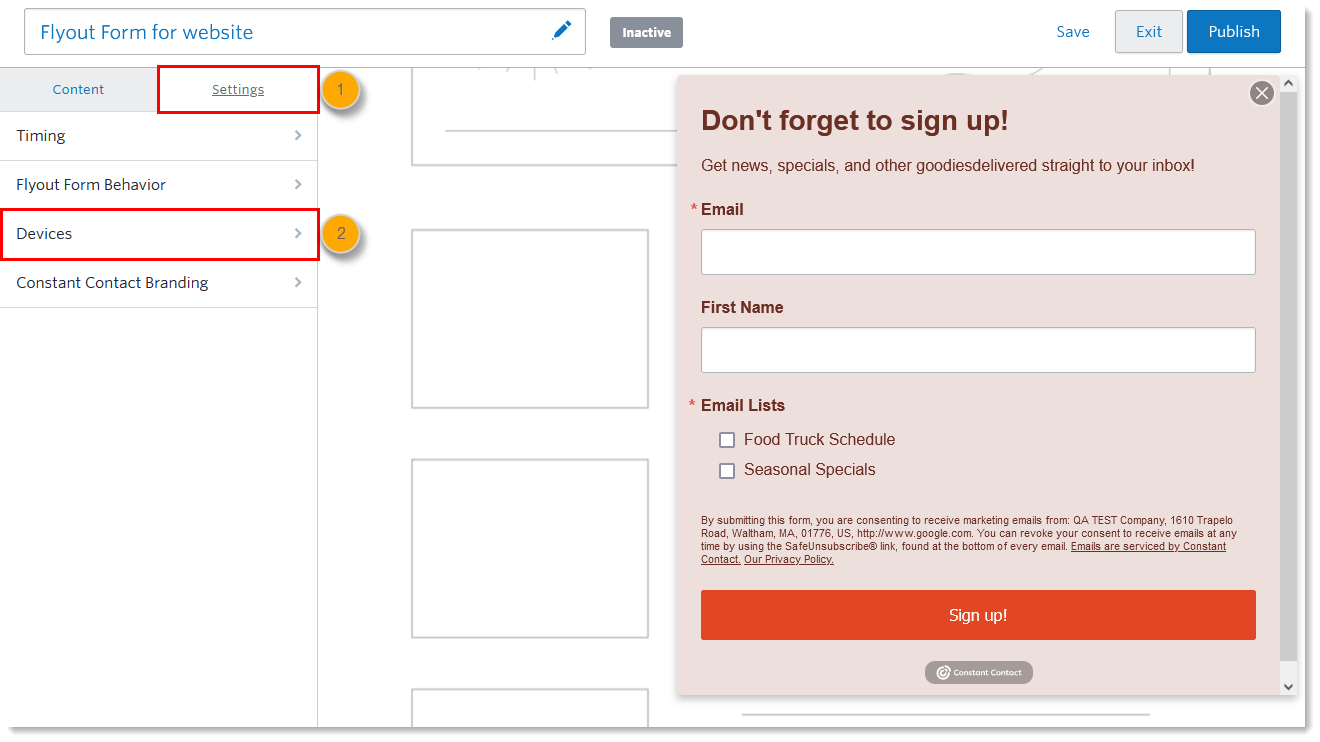 Menú Flyout Sign-up Form Settings (Configuración del formulario de suscripción desplegable) y opción Devices (Dispositivos)