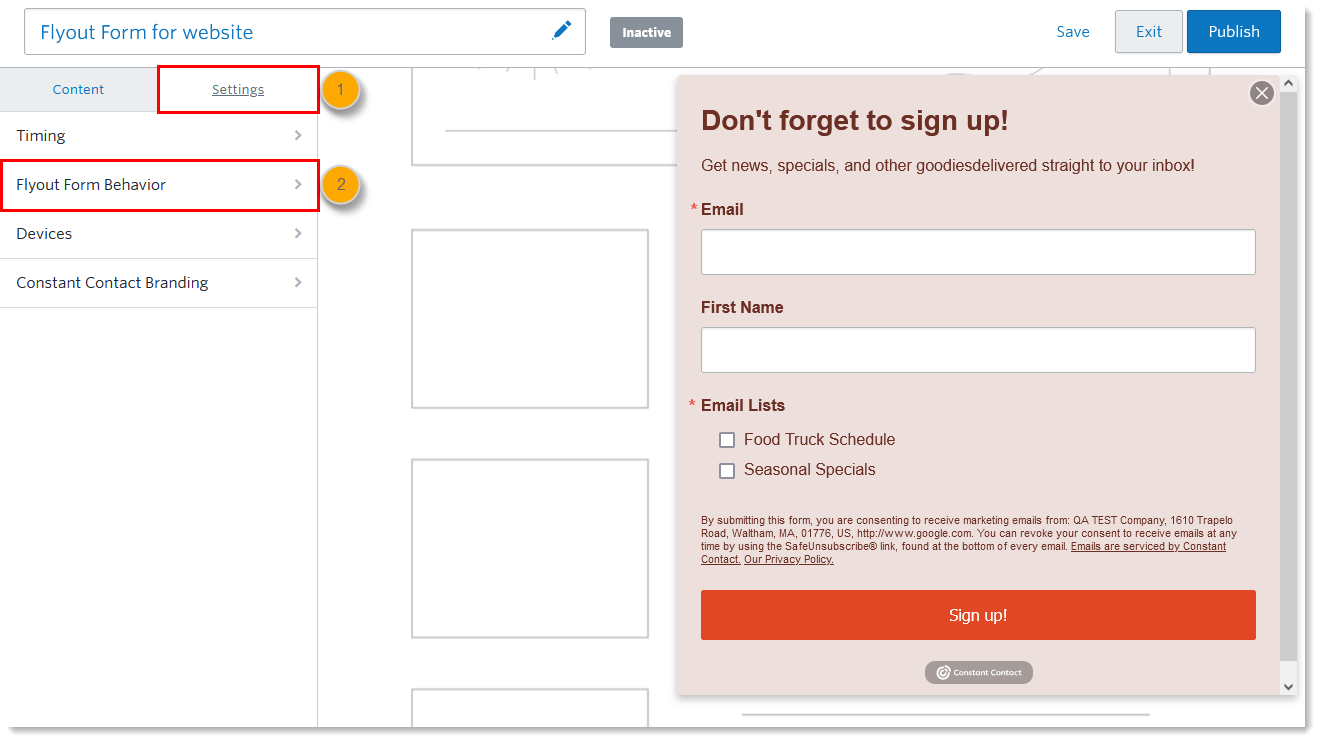 Menú Flyout Sign-Up Form Settings (Configuración del formulario de suscripción desplegable) y opción Flyout Form Behavior (Comportamiento del formulario desplegable)