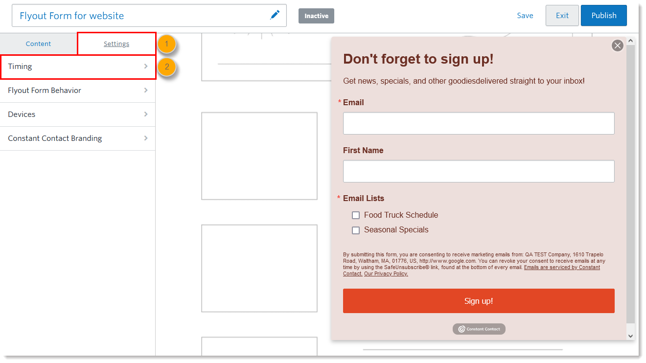 Menú Flyout Sign-Up Form Setting (Configuración del formulario de suscripción desplegable) y opción Timing (Momento)