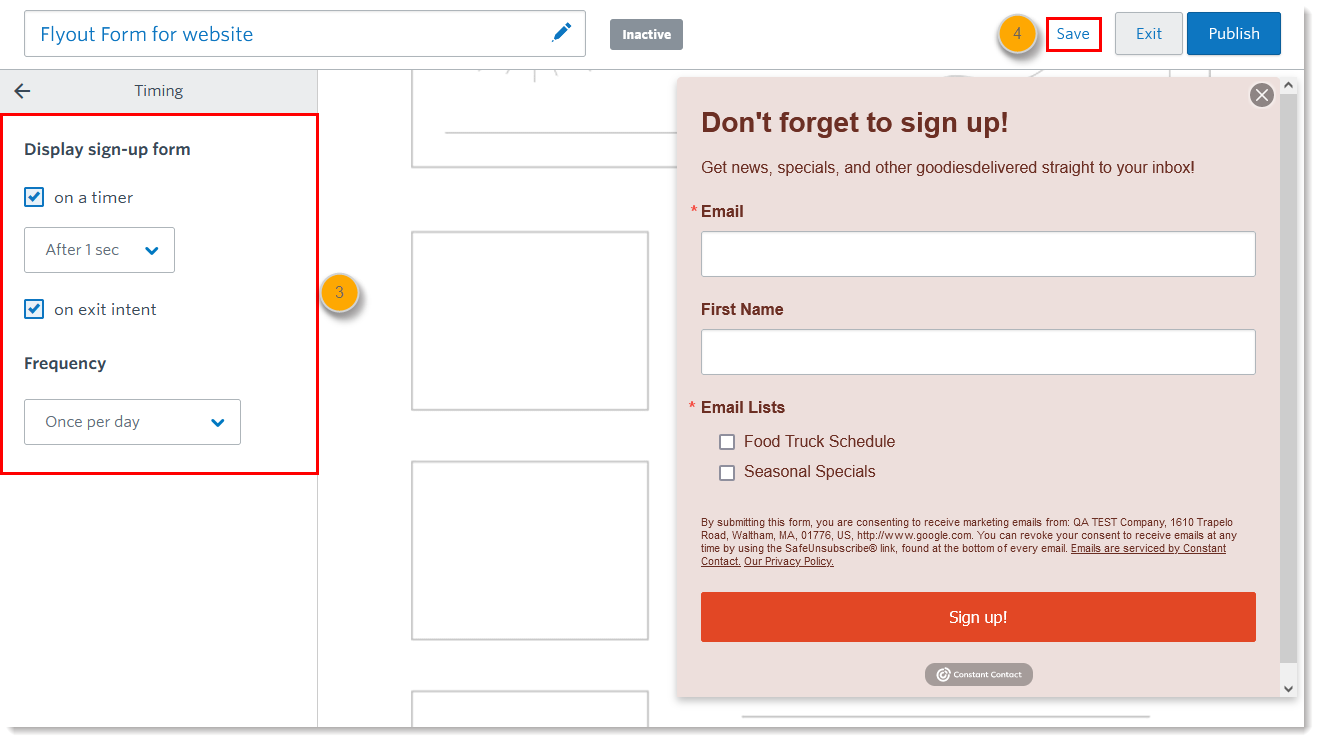 Menú Flyout Sign-up Form Timing (Momento del formulario de suscripción desplegable), Mostrar opciones de formulario de suscripción con "on a timer" (con un temporizador) y "on exit intent" (en intento de cierre) seleccionados, y opciones de frecuencia la opción "Once per day" (Una vez por día) seleccionada