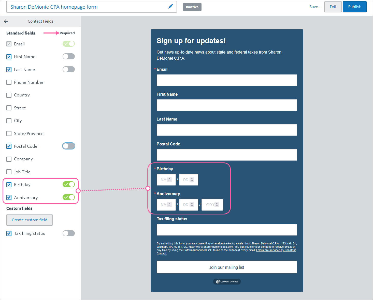 Inline sign-up form editor with Contact Fields options and Birthday and Anniversary details selected and marked as required fields