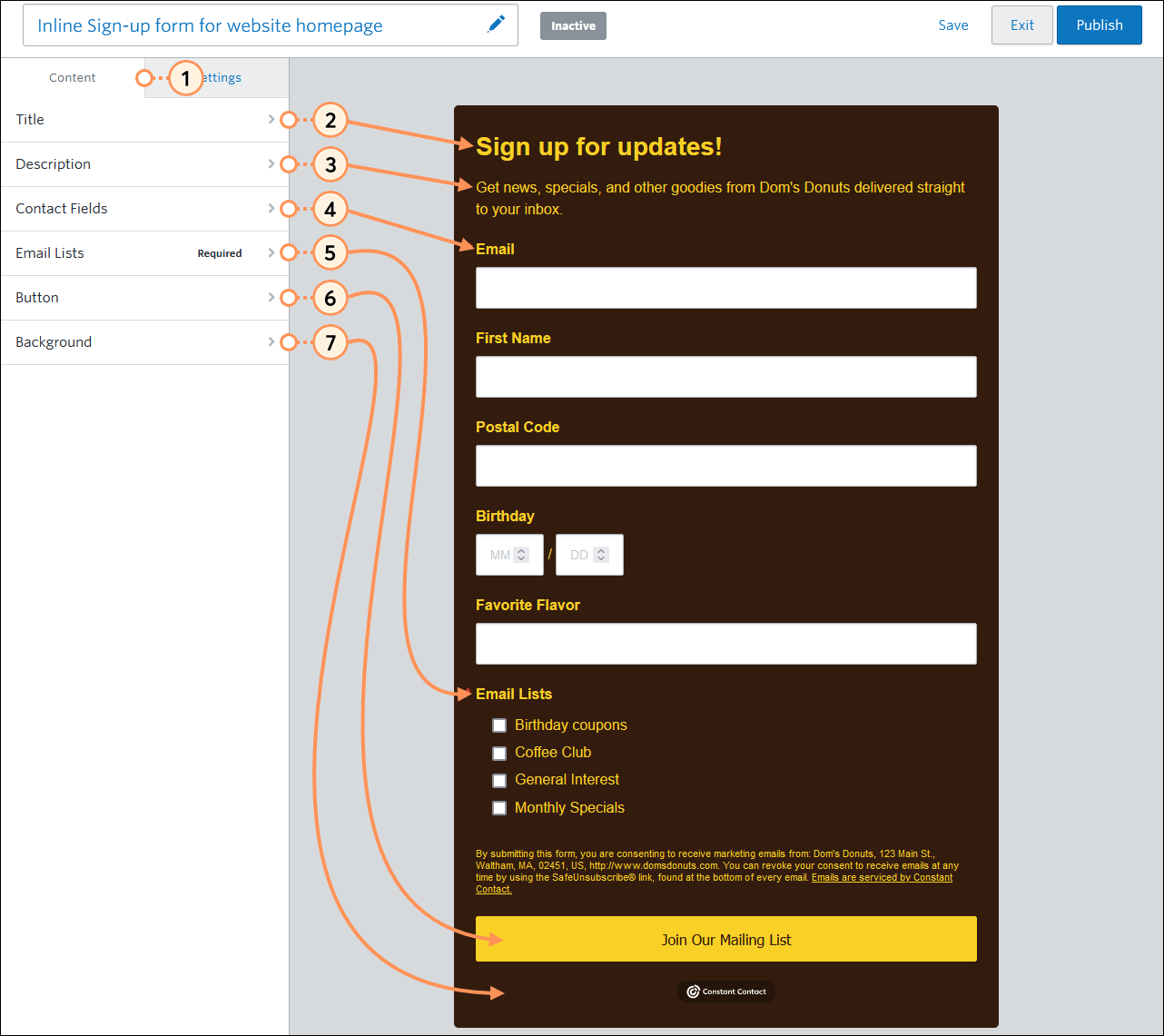 Inline Sign-up Form Content Menu, and Title, Descripton, Contact Fields, Email Lists, Button, and Background options