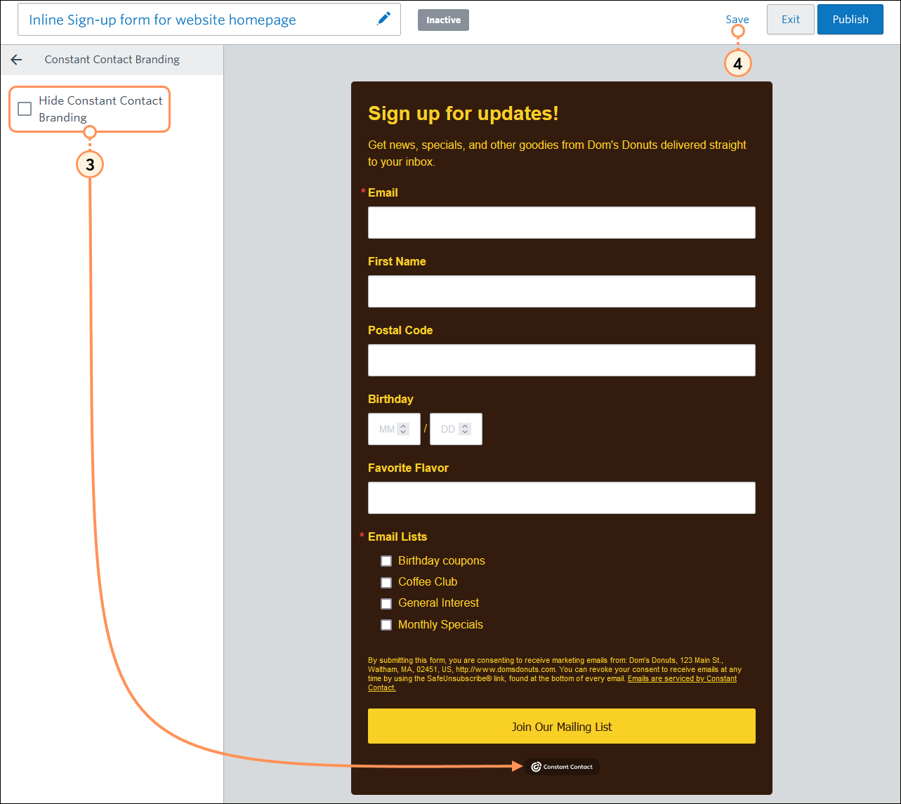 Constant Contact Branding menu, Hide Constant Contact Branding option and Save link