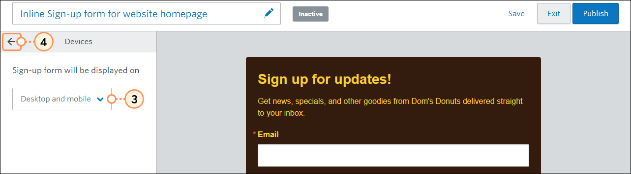 Inline Sign-up Form Devices menu and drop-down menu with Desktop and mobile option selected, and back button