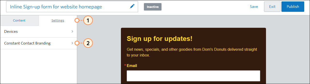 Inline Sign-up Form Settings tab, and Constant Contact Branding option